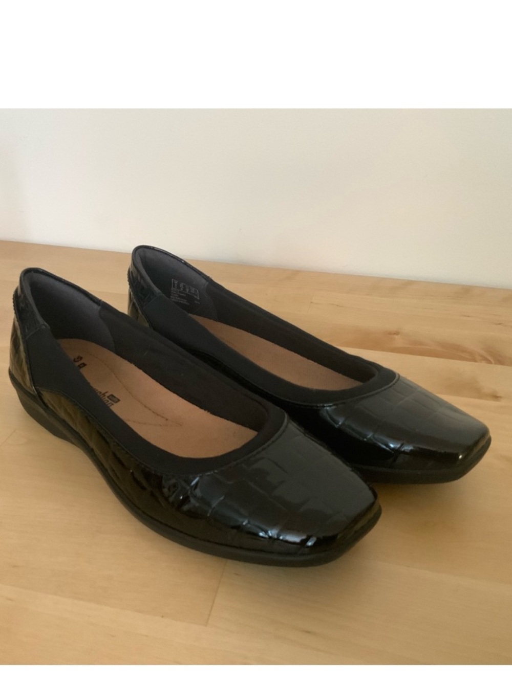 clark’s square toe flats clarks collection shiny black‎ womens 7.5